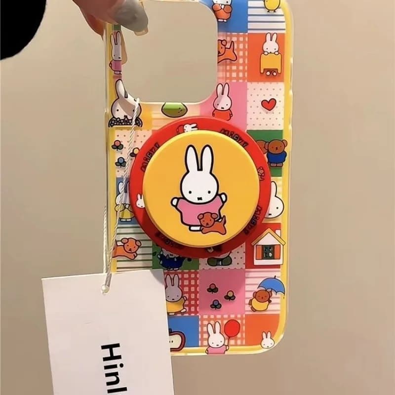 Dopamine Plaid Miffy Magnetic Kickstand Phone Case Shockproof Cover for IPhone 12 13 14 15 16Pro Cute Cartoon Shell Cartoon New