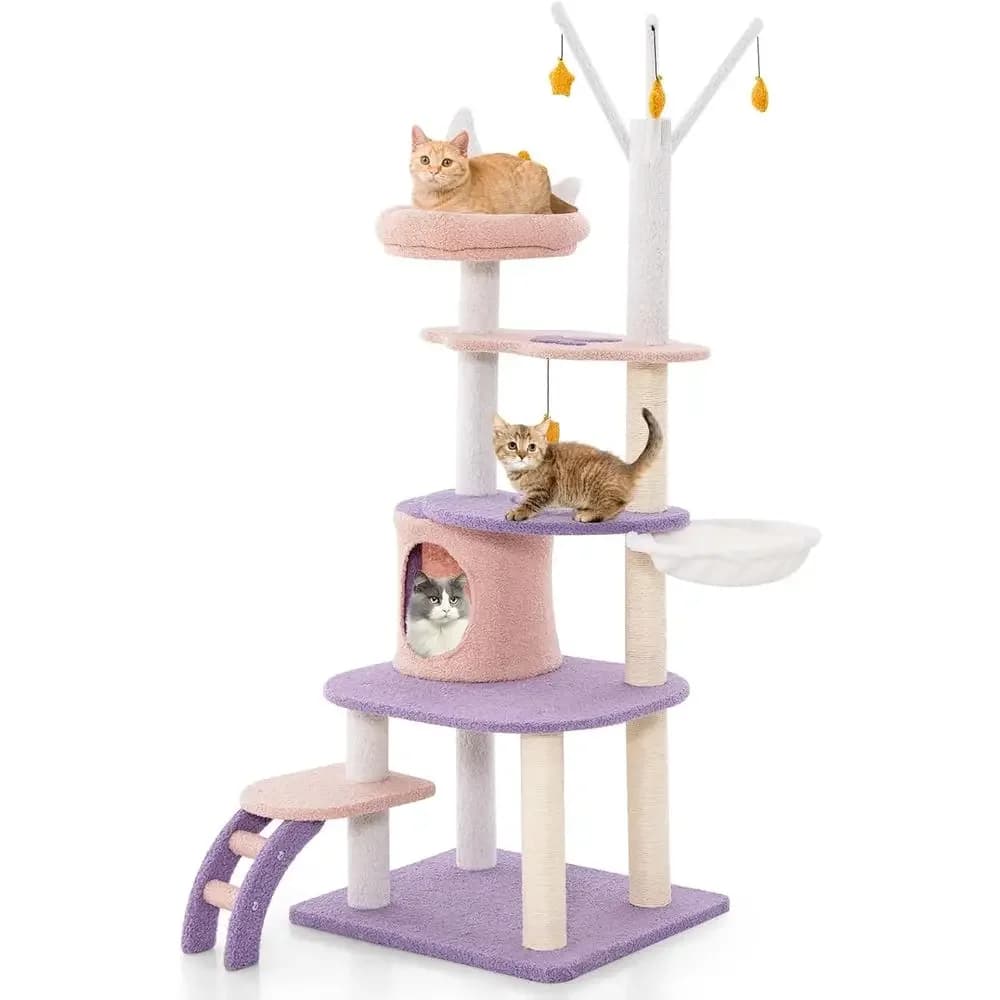 62-Inch Multi-Level Cat Tower with Condo, Scratching Posts, Ladder, Plush Perch, Hammock, Cloud Platforms, and Dangling Star Toy