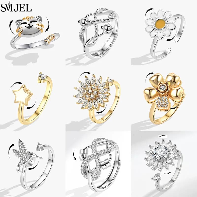 Anello di ansia stile fiore multiplo Anelli Fidget Spinner per le donne Fashion Star Cat Hummingbird Anello rotante Gioielli antistress