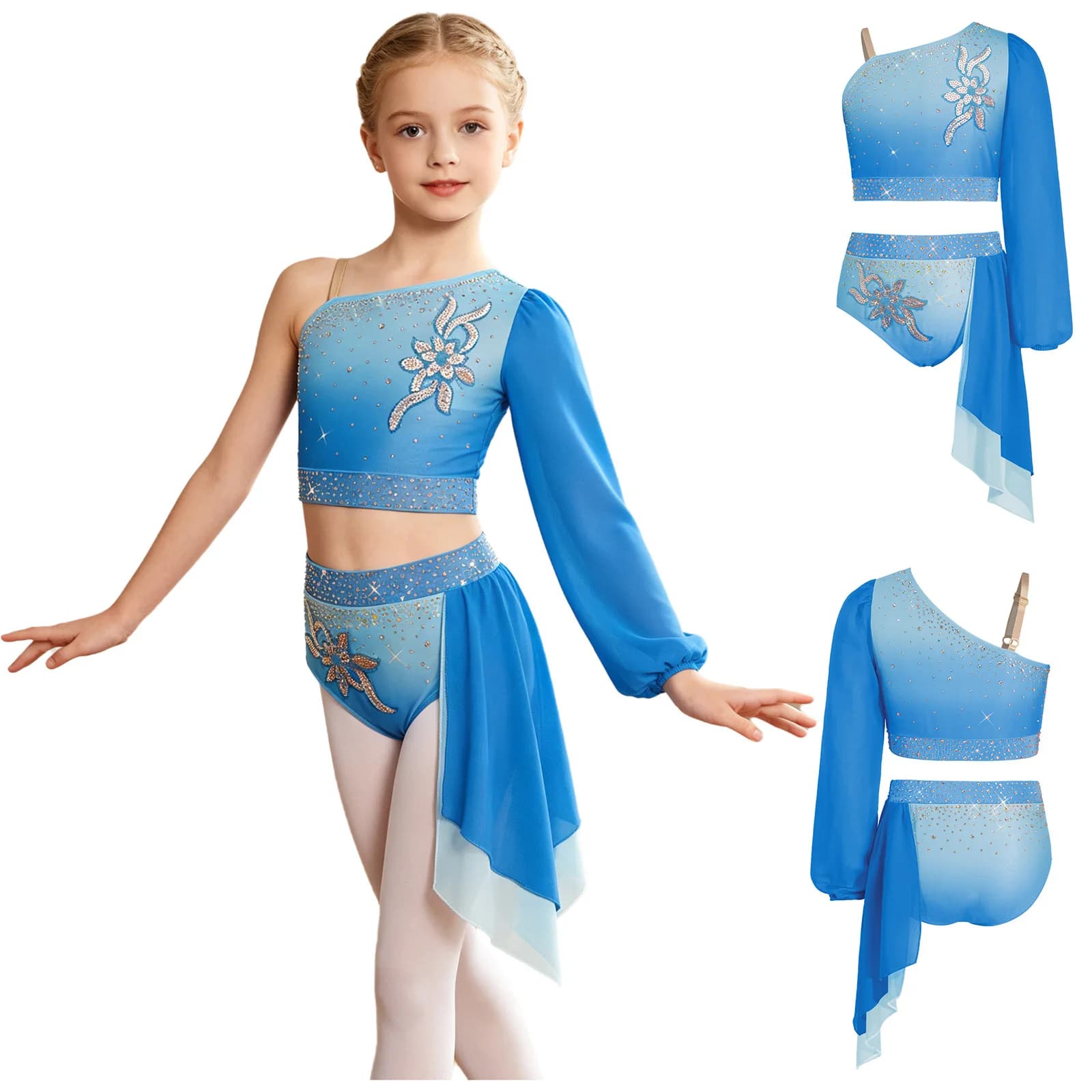 Completi da Danza Classica per Bambine con Strass, Top Corto con Maniche a Sbuffo e Gonna per Gare di Pattinaggio sul Ghiaccio