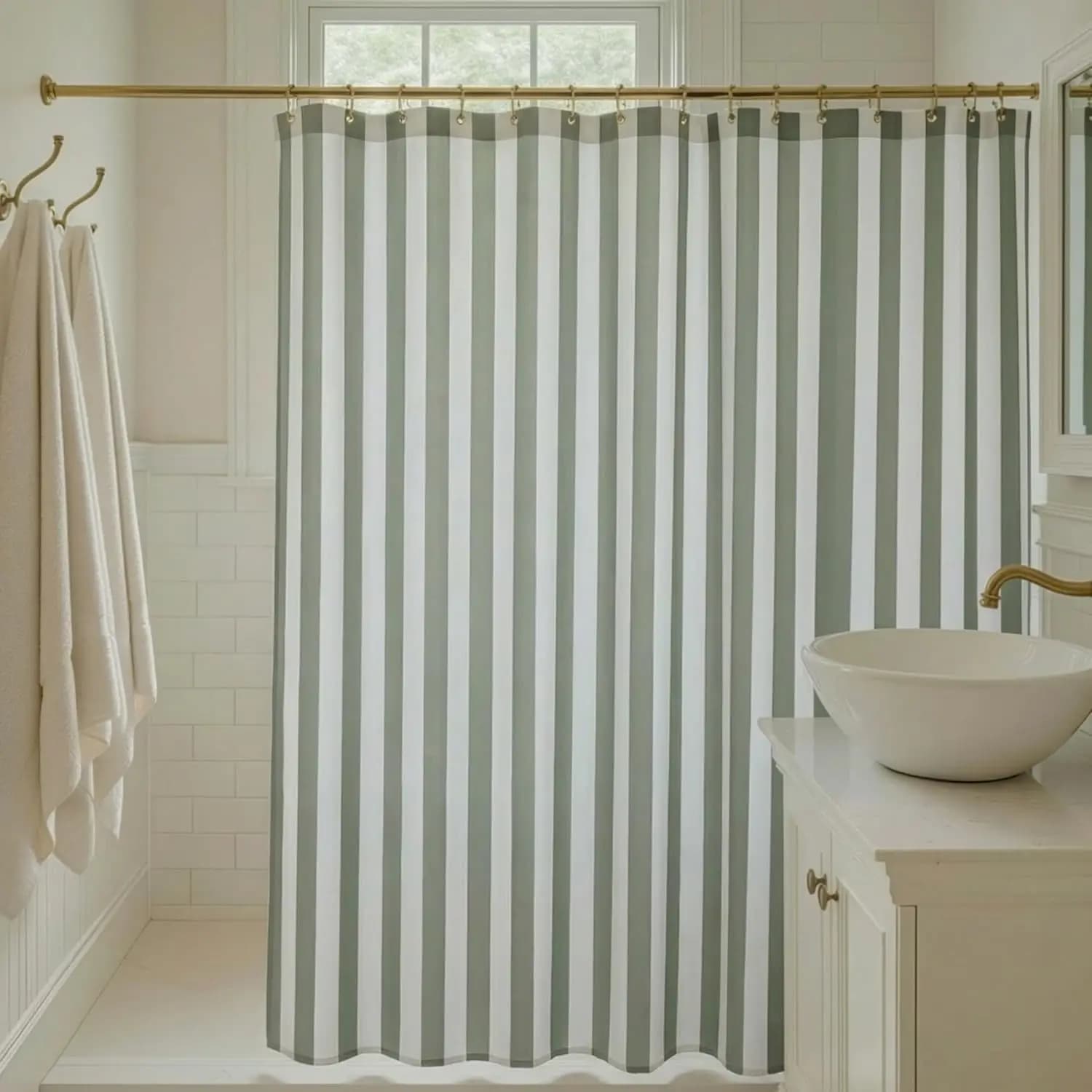 Tenda da Doccia Boho a Righe Verde Salvia 72x72 - Poliestere Impermeabile, Facile da Pulire, Arredo Bagno Moderno