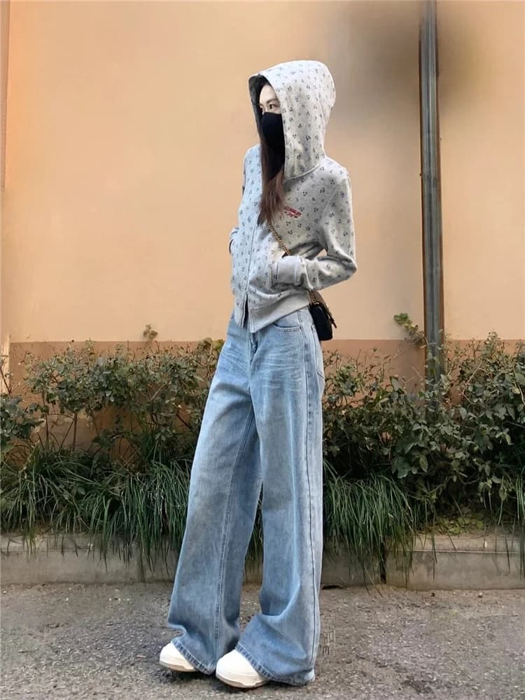 Loose High Waist Wide Leg Blue Jeans Women's Spring Autumn Long Floor Length Tapering Effect American Vibe Style