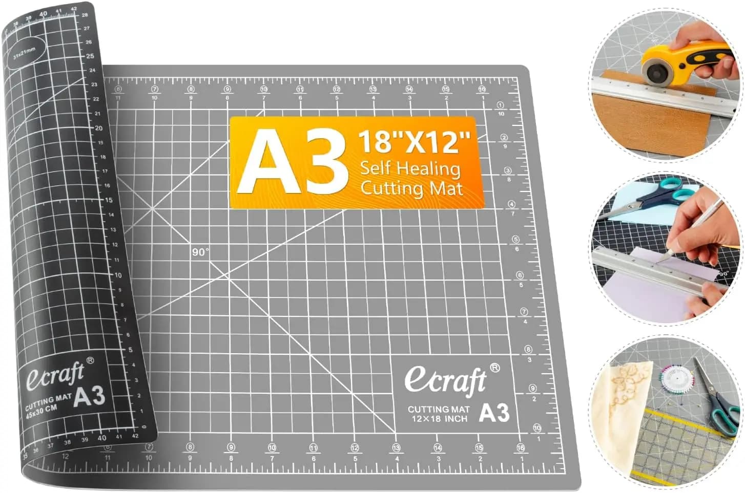 Self Healing Cutting Mat 18x12 Inch A3, Double Sided Rotary Cutting Board with Grid, Grey/Black for Sewing, Quilting, Fabric & Craft Projects