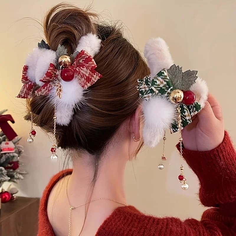 1/2 pezzi eleganti fermagli per capelli con nappa e fiocco in peluche natalizio per donne, vacanze, giorno di Natale, regali del Ringraziamento