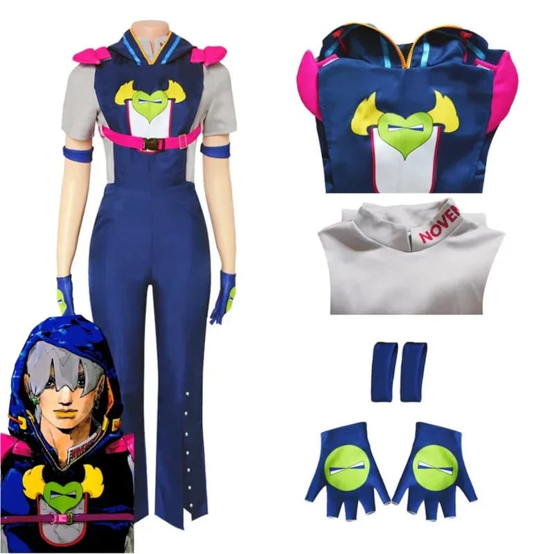 Anime The JOJO Lands Jodio Joestar Costume Cosplay Con Cappuccio Blu Tute Pagliaccetti T-Shirt Uomo Adulto Halloween Natale Suitx;8's