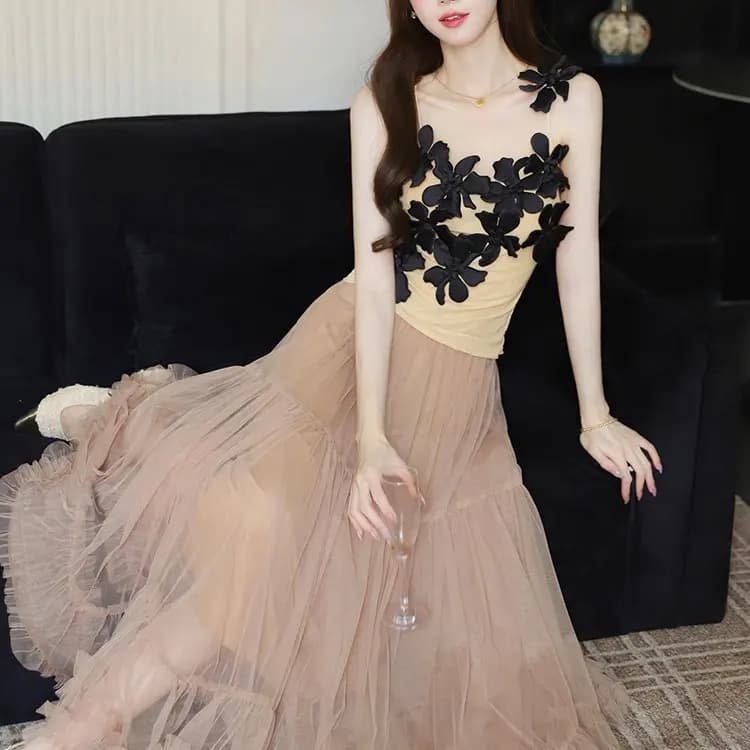 Summer Birthday Dress Set Floral 3D Embroidery Strap Top Tulle Skirt High Waist Plant Pattern round Neckline Winter Collection