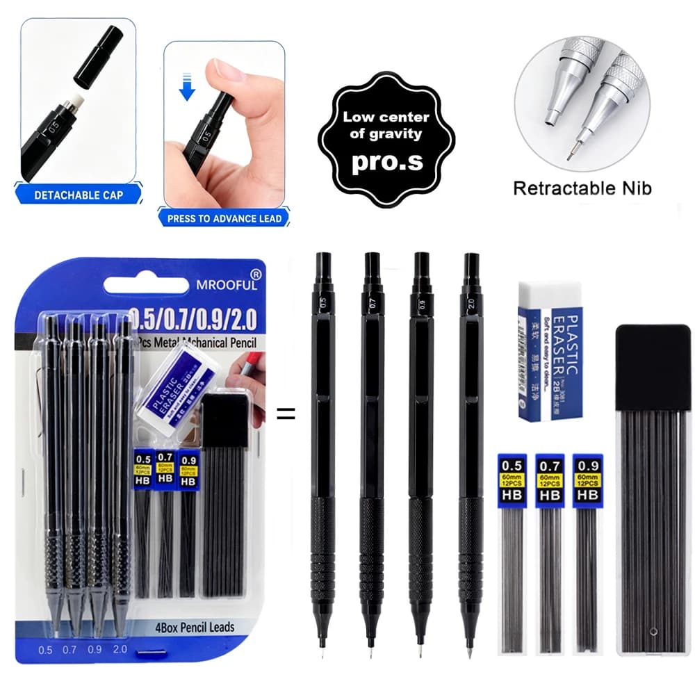 Low Center of Gravity Metal Mechanical Pencil Set 0.5-2.0mm Lead Refill Automatic Pencil Art Sketch Painting Writing Stationery