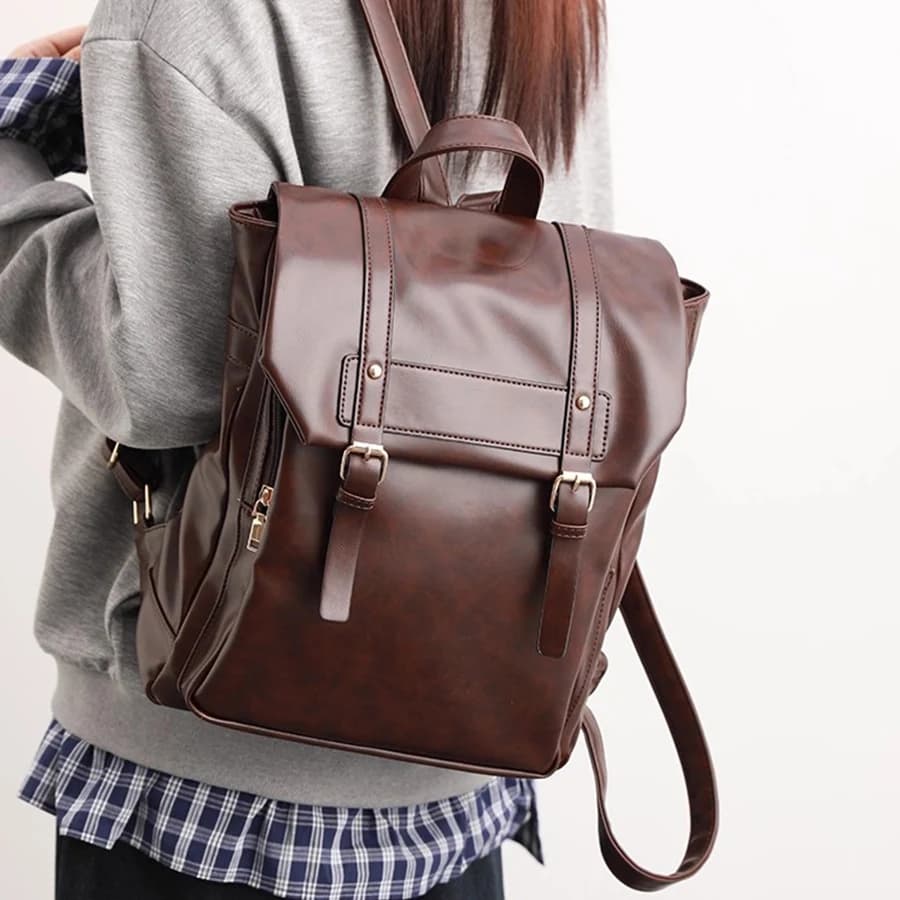 Soft Leather Flip Backpack For Girls Women/Man Cambridge Schoolbag Large Capacity For Commuting Daily Computer Laptop Rucksack