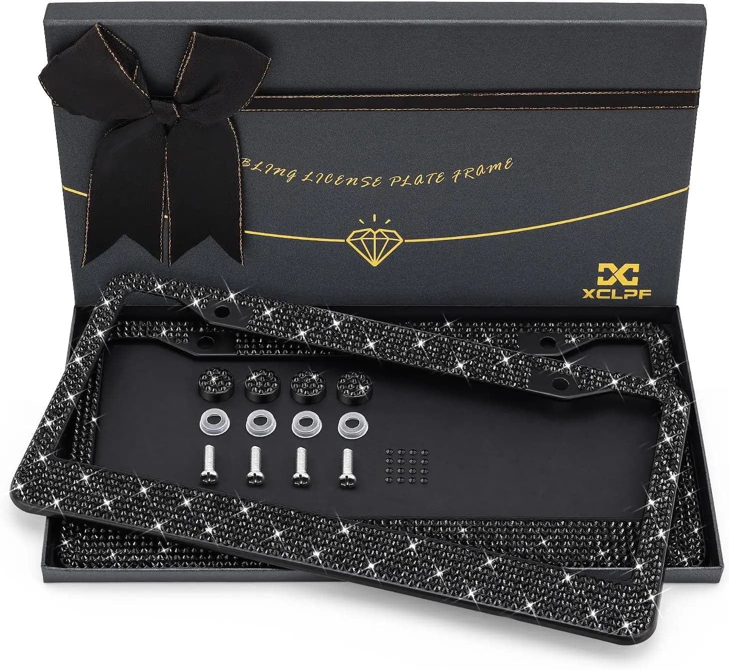 Cornice per targa in acciaio inossidabile scintillante con oltre 1000 strass in vetro trasparente, confezione regalo gratuita (2 pezzi)