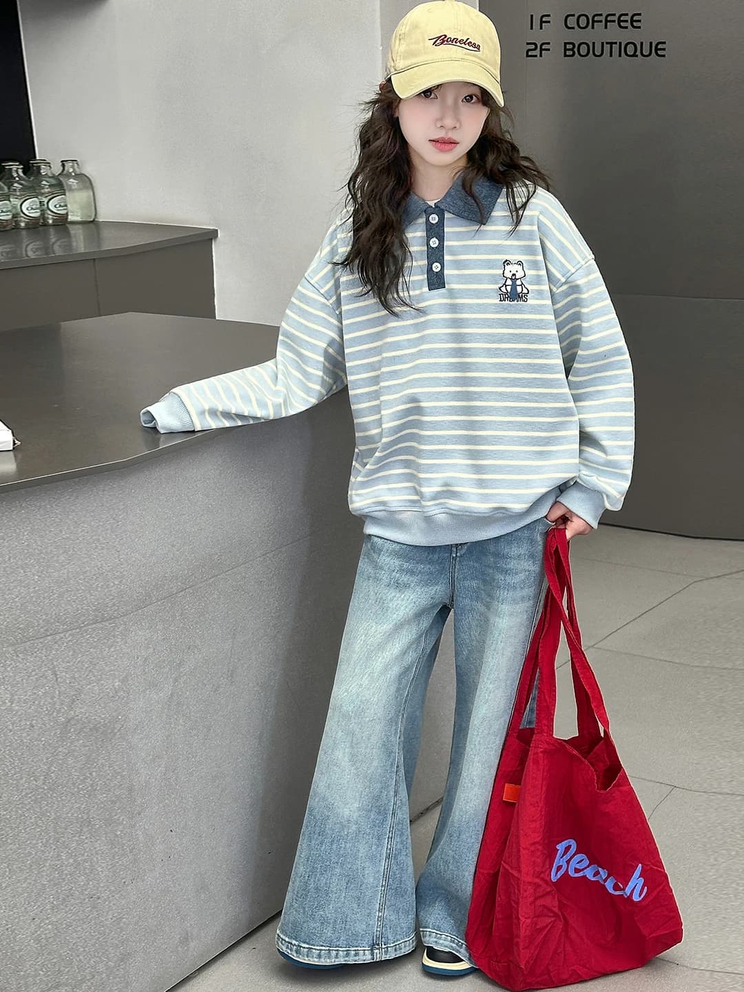 Spring Faion Sweatirt Jeans Set for Girls Middle School Students Striped irt Two Piece Suit Breathable Long Sve