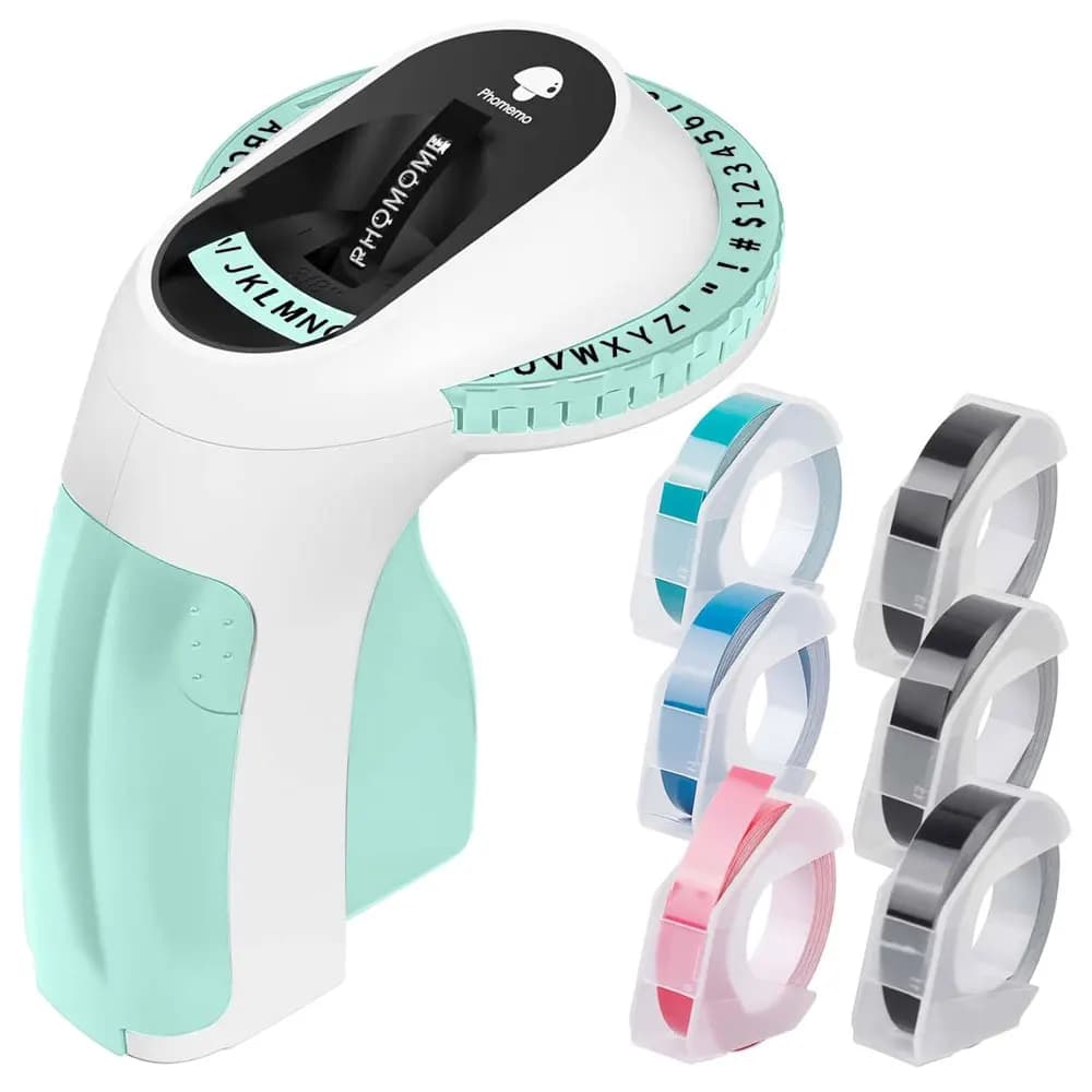 Embossed label printer E975, 3D label machine, includes 6 label tape rolls, suitable for organization and DIY projects.