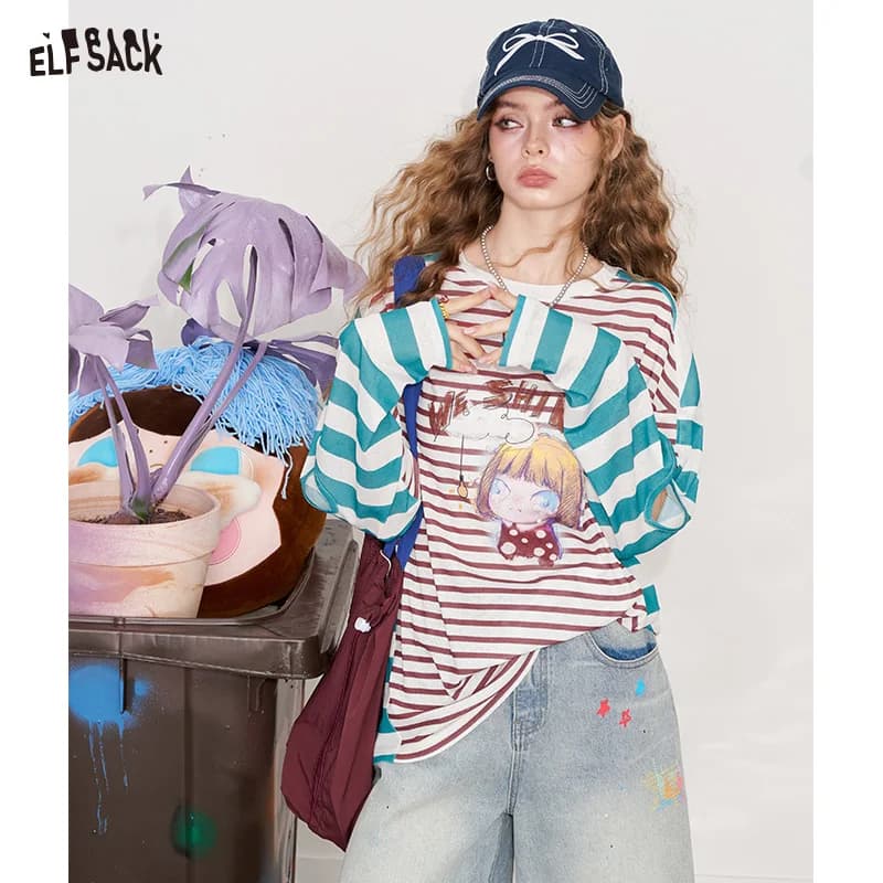 ELFSACK 2025 Estate Nuovo Arrivo Casual Clash Of Colors T-shirt a maniche lunghe stampata a righe per donna