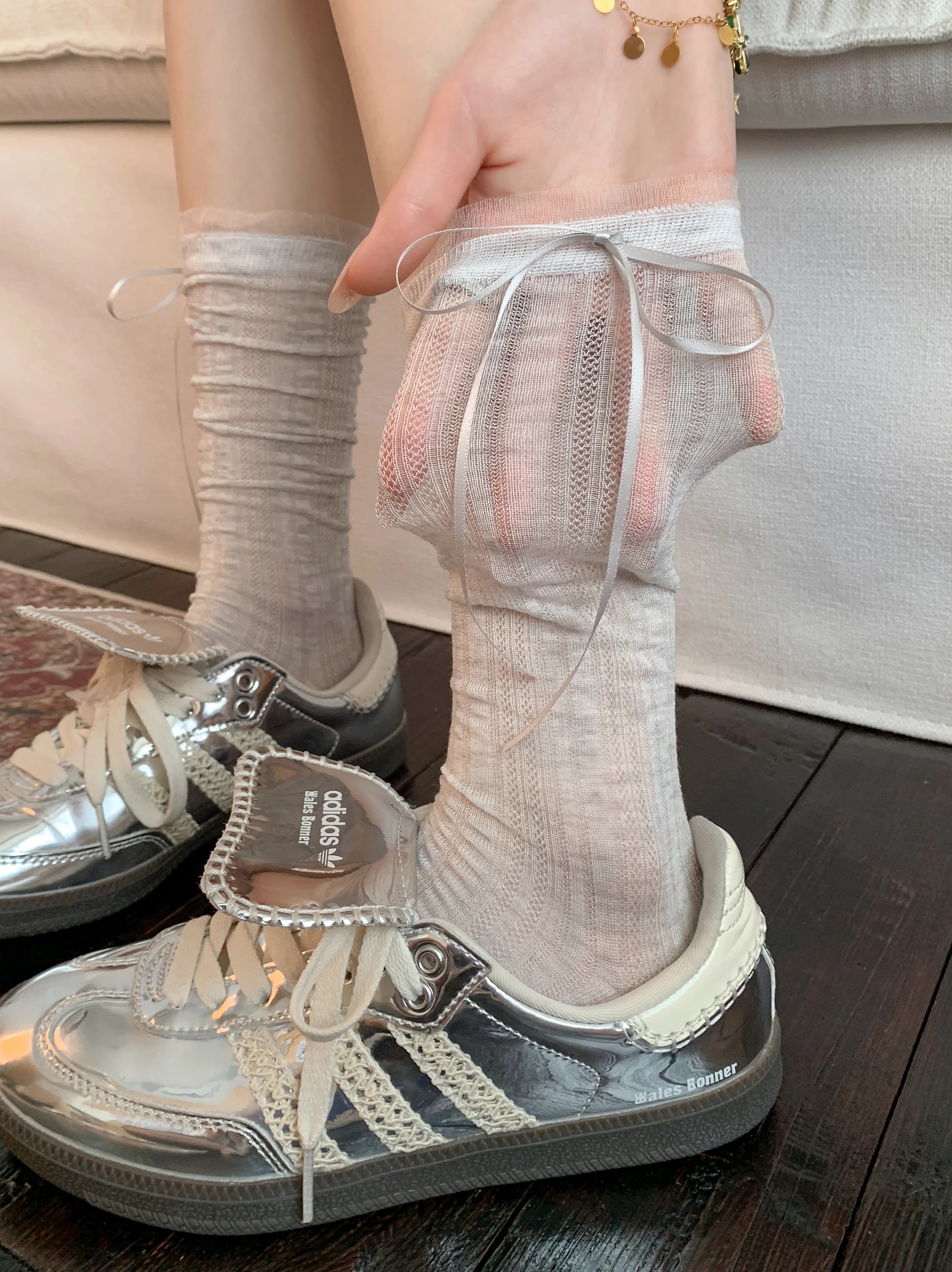 Gray Lace Leggings Socks for Women Summer Thin Style Miu Ballet Style White Edging Knot Long Socks Women's Socks