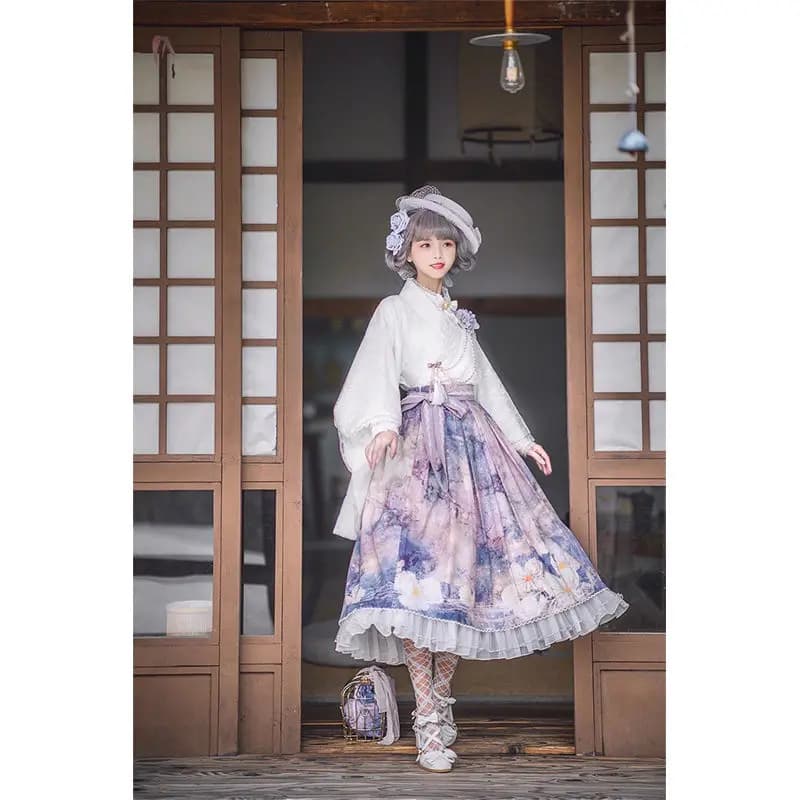 Set gonna a mezza lunghezza Lolita Primavera Estate Dreaming in Flower con cintura in vita, stile uniforme scolastica, abbigliamento femminile.