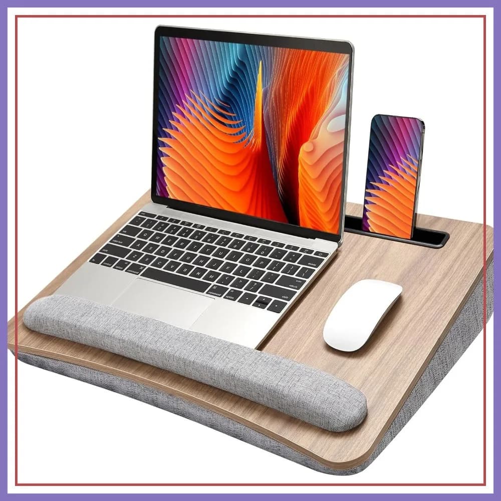 Supporto portatile per laptop con cuscino, adatto a 17 pollici, striscia antiscivolo, tasca portaoggetti per ufficio domestico