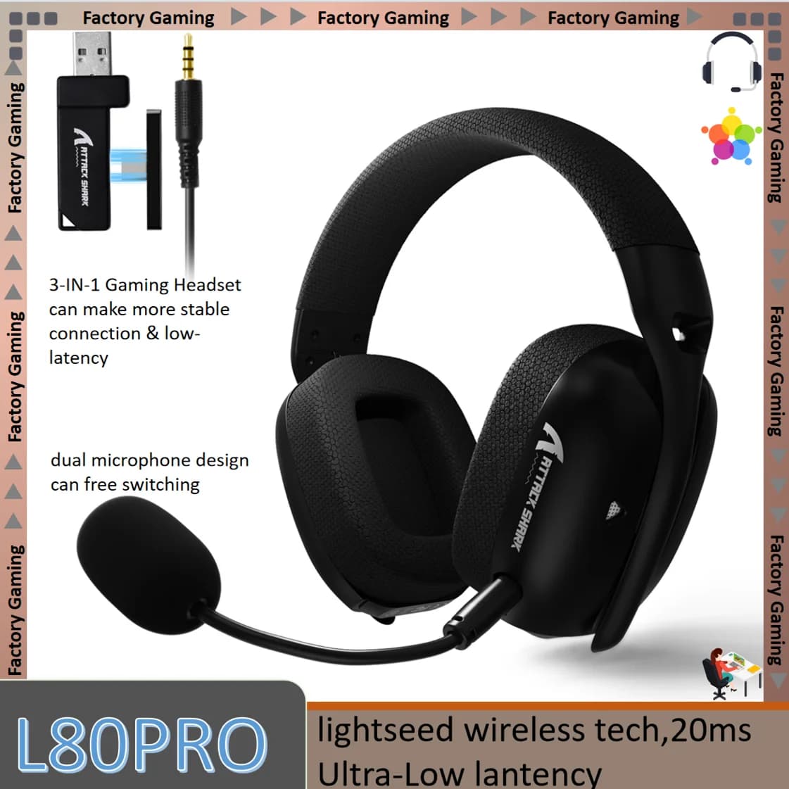 Le cuffie da gioco ATTACK SHARK L80PRO 3-IN-1 offrono una connessione più stabile e a bassa latenza, design con doppio microfono, 40 mm.