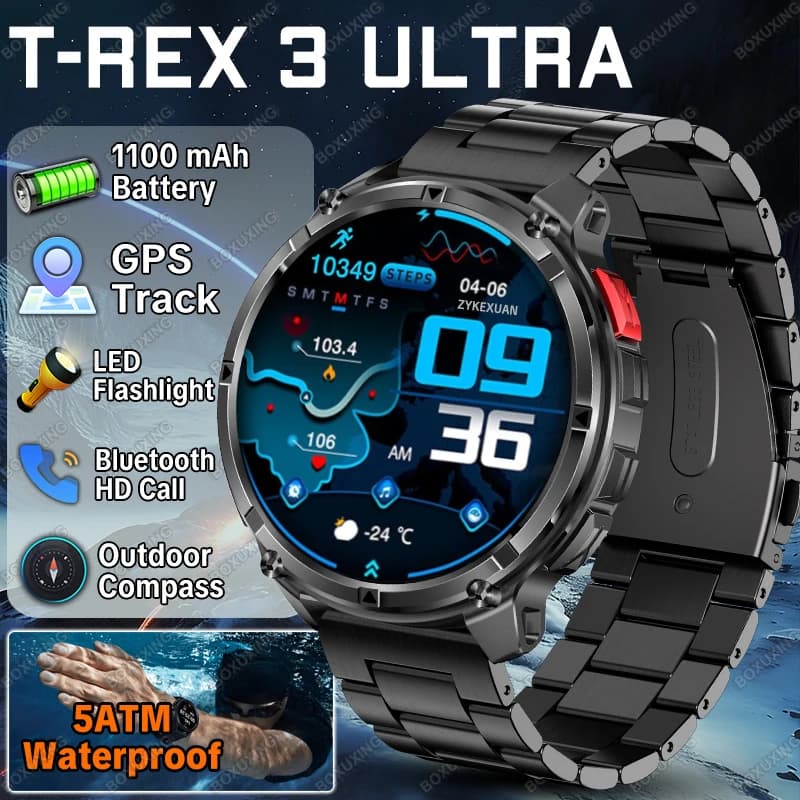 New T-Rex3 Ultra 1100mAh Battery Smart Watch Men 1.7" AMOLED Screen 5ATM Waterproof GPS Track Compass Military Sports Smartwatch