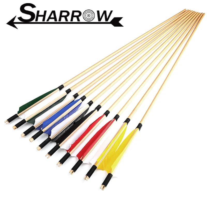 6/12 pezzi scudo freccia in legno OD8mm albero coda di freccia scanalata senza punte di freccia 5 "piuma di tacchino per tiro al bersaglio da caccia