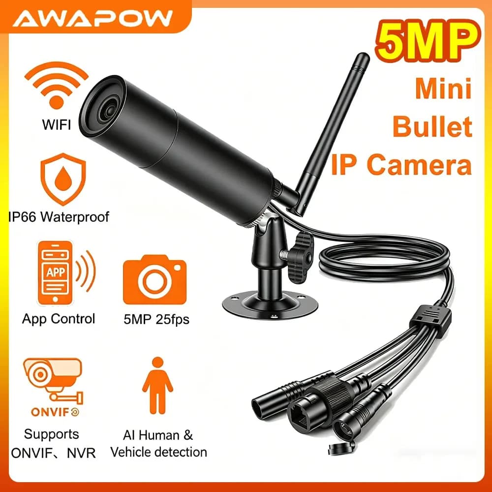 Awapow 5MP Mini IP Camera POE Onvif Bullet Cameras IP66 Outdoor Black-light-level Starlight Security Surveillance P2P HD Recorde