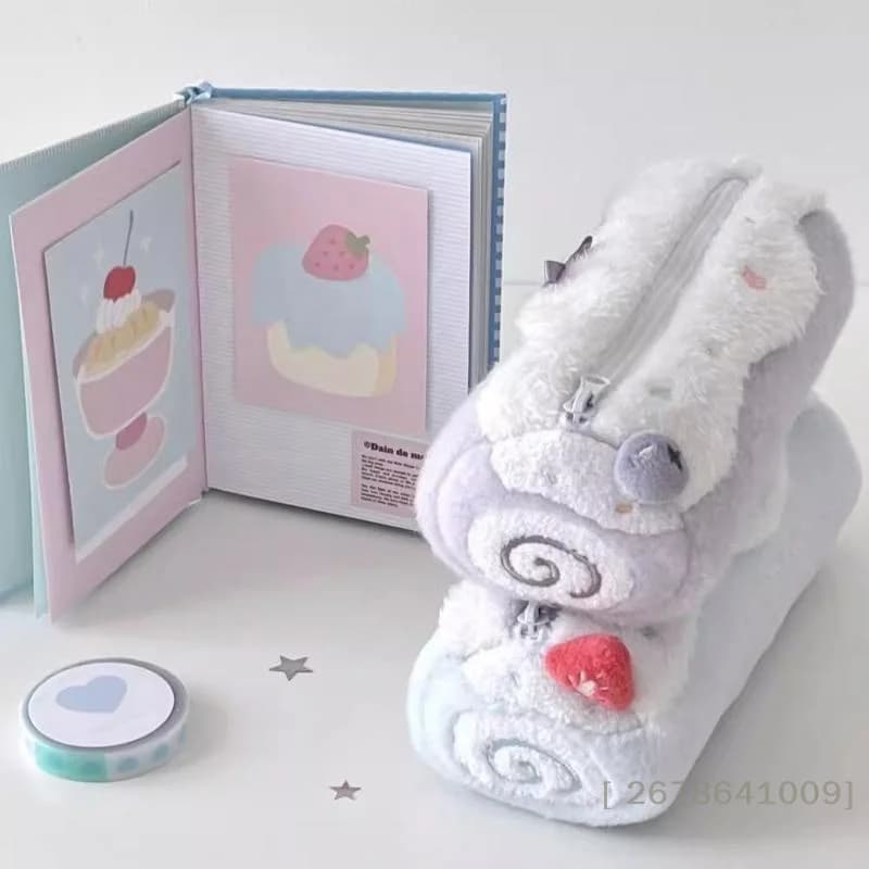 Astuccio per matite in peluche Swiss Roll da 1 pezzo, simpatico design da dessert per studenti, borsa per cancelleria, custodia per desktop, regalo per il rientro a scuola