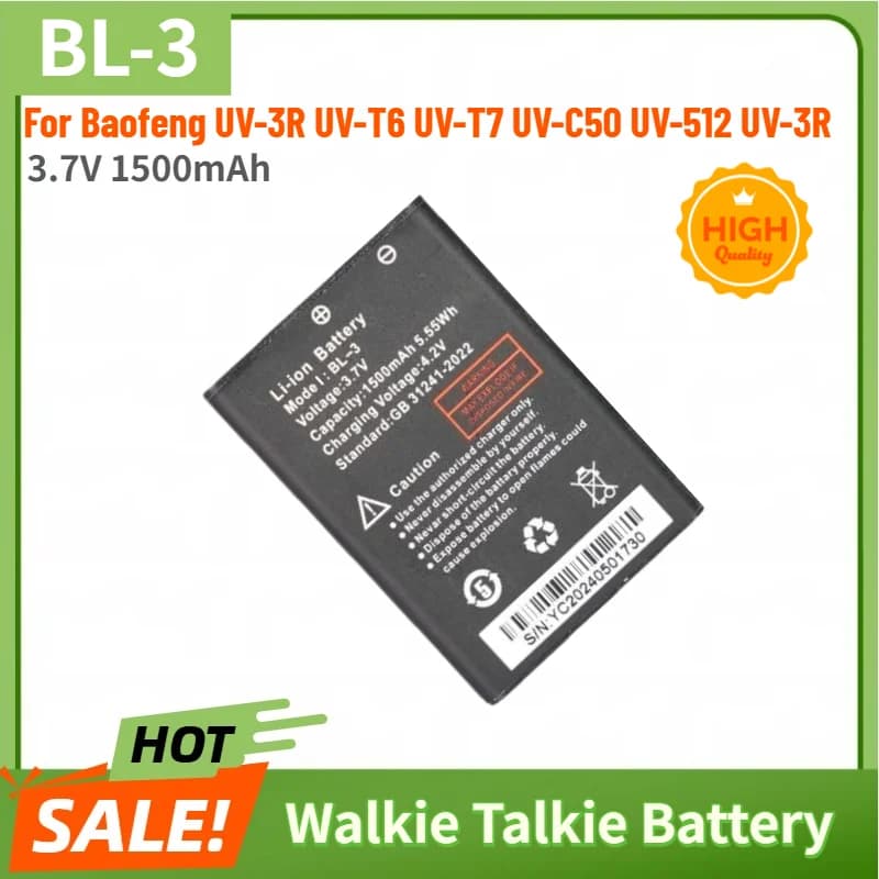 BL-3 Battery 3.7V 1500mAh for Baofeng UV-3R UV-T6 UV-T7 UV-C50 UV-512 UV-3R Walkie Talkie High Quality Replacement Battery