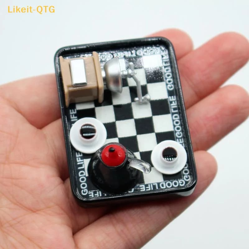 Coffee Machine in Miniature for Doll House, Coffee Grinder, White and Black Square Plates Set, Doll House Accessories, Roof Toy