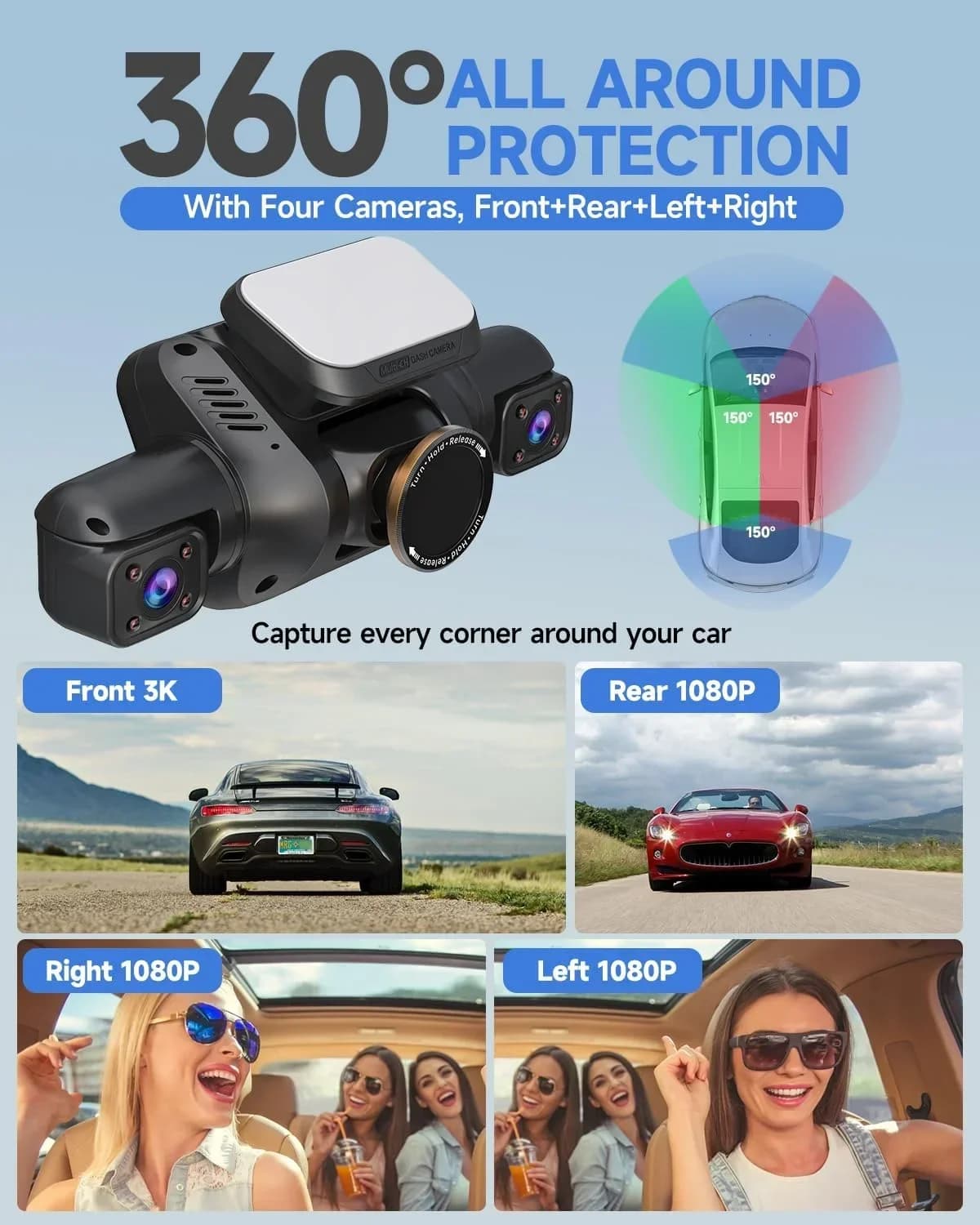 Offerta Speciale: Dash Cam AD360 Full HD con 4 Telecamere, Schermo da 3.0 Pollici, WiFi, GPS, WDR e Filtro CPL