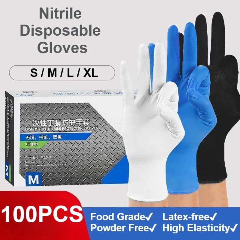 Guanti monouso in nitrile da 100 pezzi Nero/Bianco/Blu/Viola Guanti da esame per la preparazione degli alimenti sicuri senza lattice e senza polvere Proteggi le mani