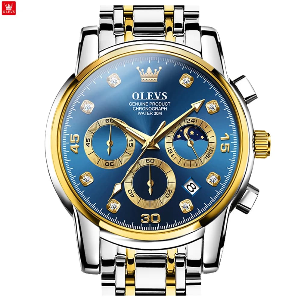 OLEVS 2889 Men's quartz watch in stainless steel chronograph style with bright date, water resistant working wristwatch up to 30 m