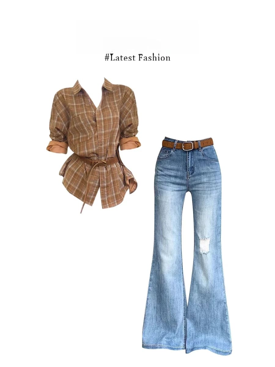 Set di Camicia a Maniche Lunghe Slim Fit e Jeans Leggermente Svasati, Outfit Invernale da Donna, Abbigliamento Casual Traspirante e Leggero