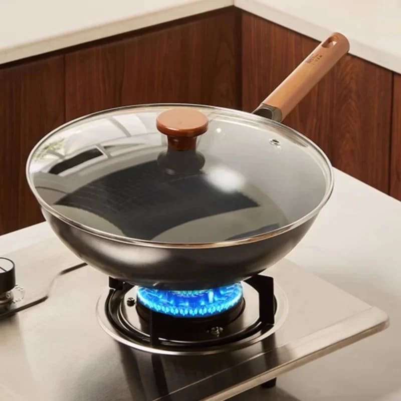 Traditional Chinese Wok pan with round bottom for coal gas stove, non-stick iron pan with ceramic coating for cooking at home