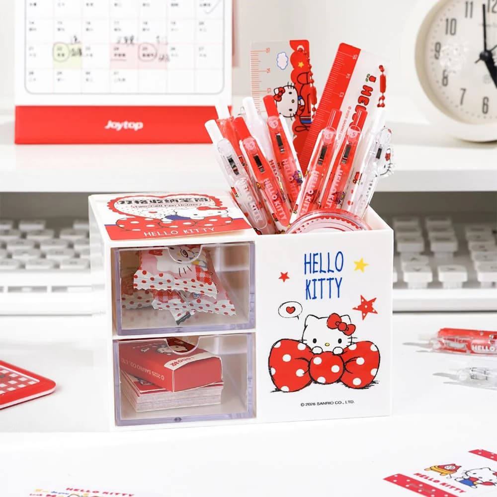 Genuine Hello Kitty Dual Compartment Pen Holder with 2 Clear Drawers Cute Desk Organizer for Pens Tape Clips Home Office Use