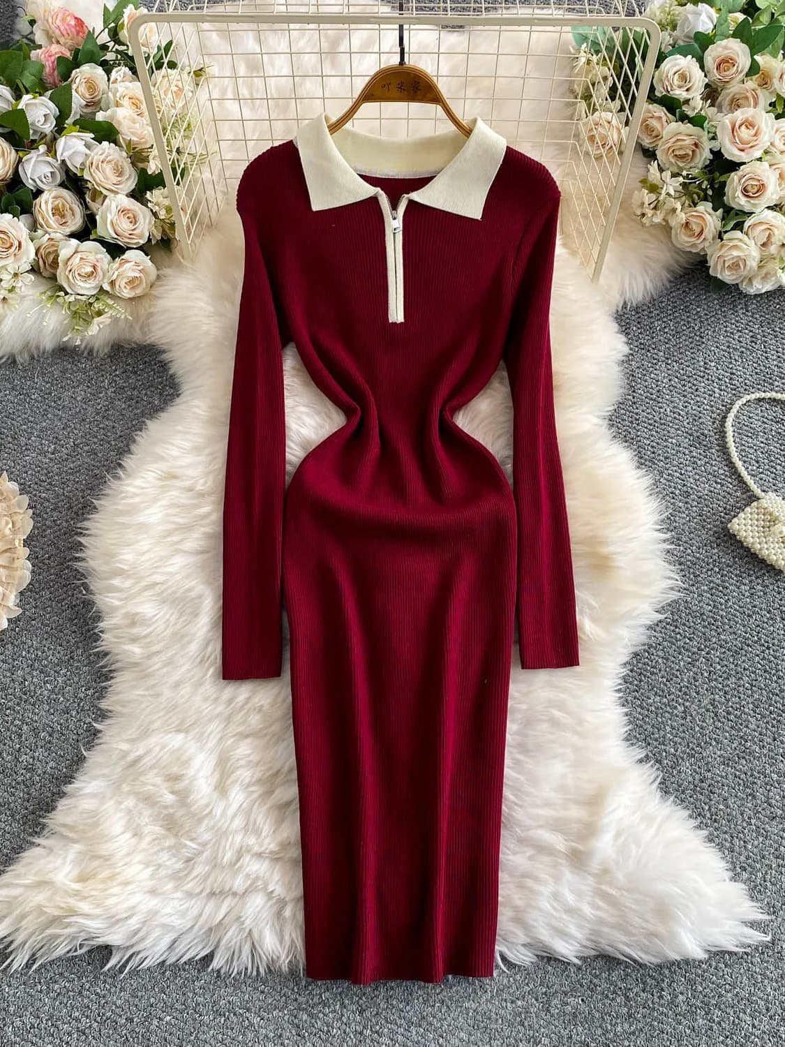 Elegant Minimalist Contrast Color Half-Zip Collar Dress Women's Autumn Winter High Waist Warm Long Sleeve Slim Fit City Commute