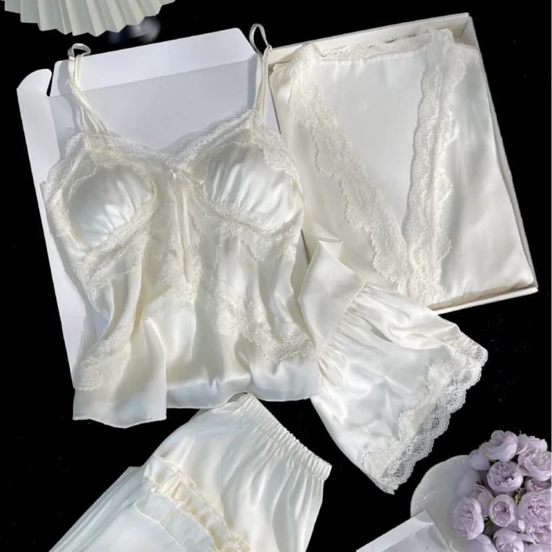 Set Pigiama Donna 3 Pezzi, Nuovo Completo Estivo in Raso con Vestaglia e Pantaloni, Lingerie Sexy, Abbigliamento da Notte Comodo