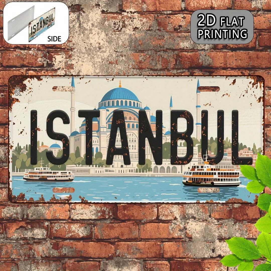 Targa in Metallo con Stampa 2D Piatta Stile Targa Auto, Tema Viaggio Transcontinenziale: Moschea Blu di Istanbul, Turchia e Traghetto del Bosforo