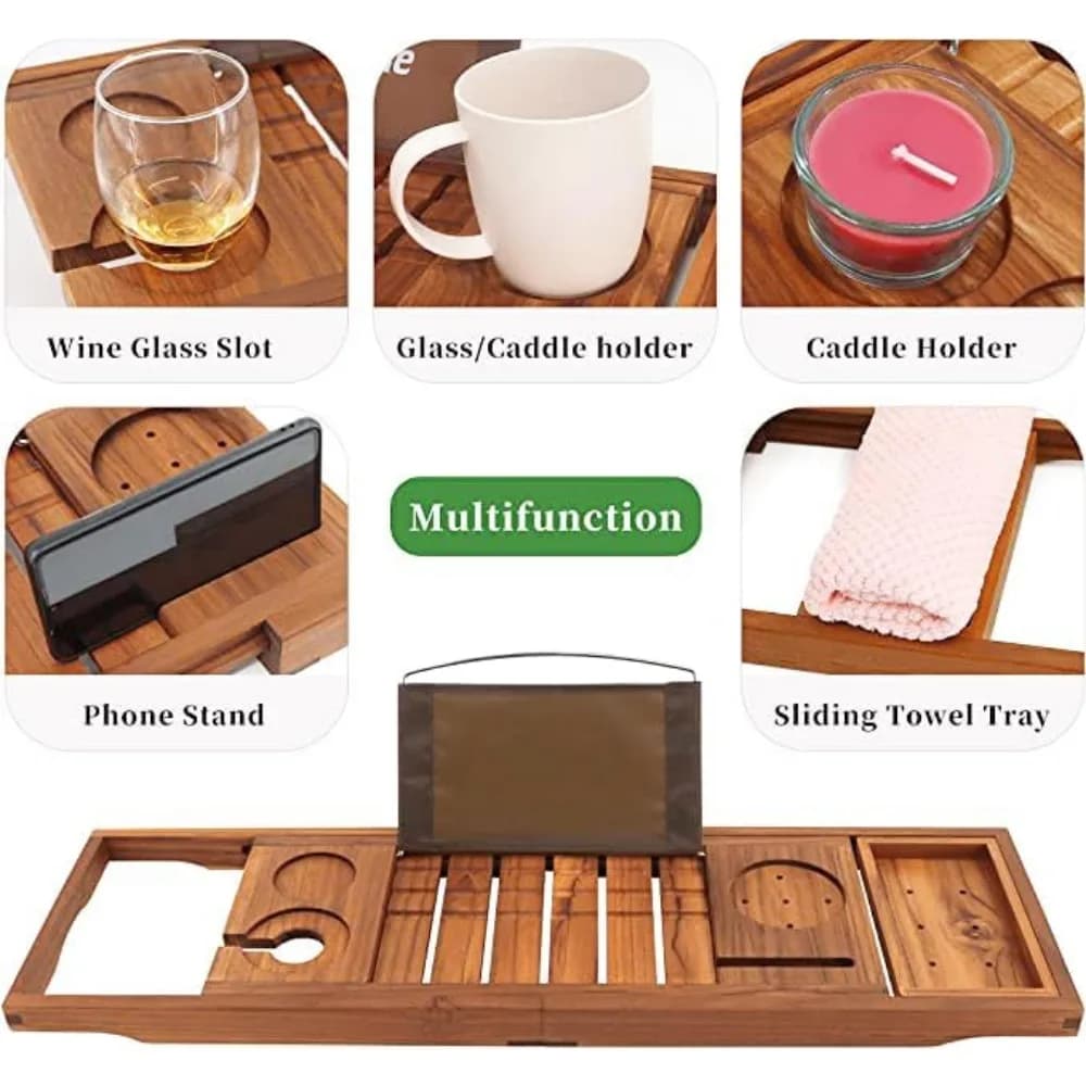 Pacchetto vassoio per vasca da bagno in teak premium con supporto pieghevole, fessura per bicchiere da vino e design antiscivolo per un'esperienza di bagno di lusso