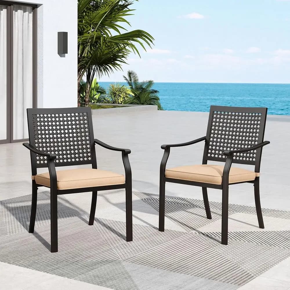 Black Metal Patio Dining Chairs Set of 2 with Cushions for Outdoor Bistro, Porch, and Lawn