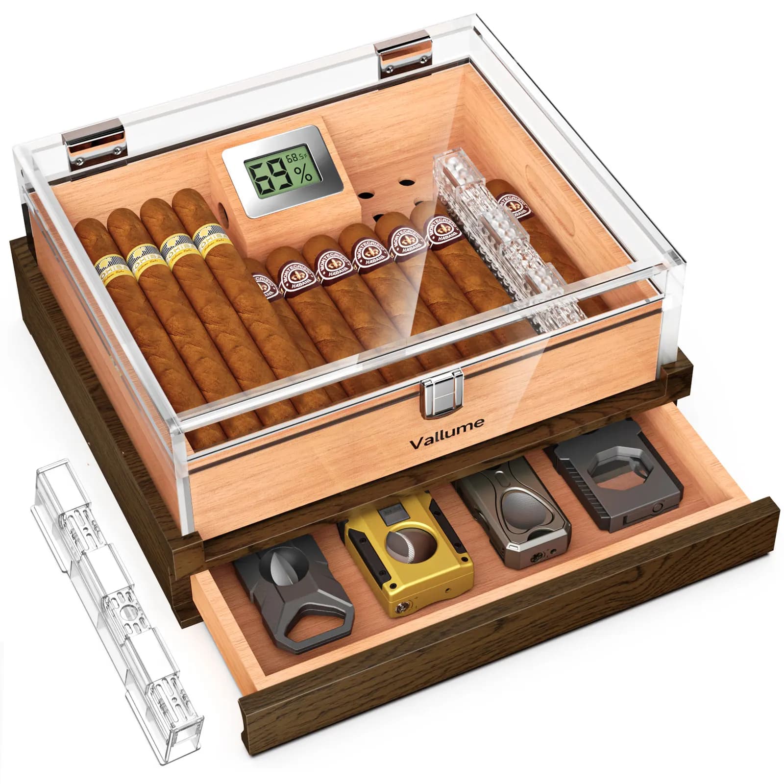 Umidificatore per sigari, umidificatore in acrilico, scatola per umidificatore da tavolo con cassetto per accessori per sigari, umidificatore e igrometro digitale, vassoio in legno di cedro