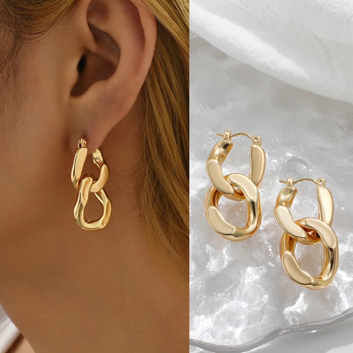 Minimalist Braided Cuban Chain Pendant Earrings for Women Hoop Earrings with Detachable Round Circles in Punk Gold Buckle for Ear