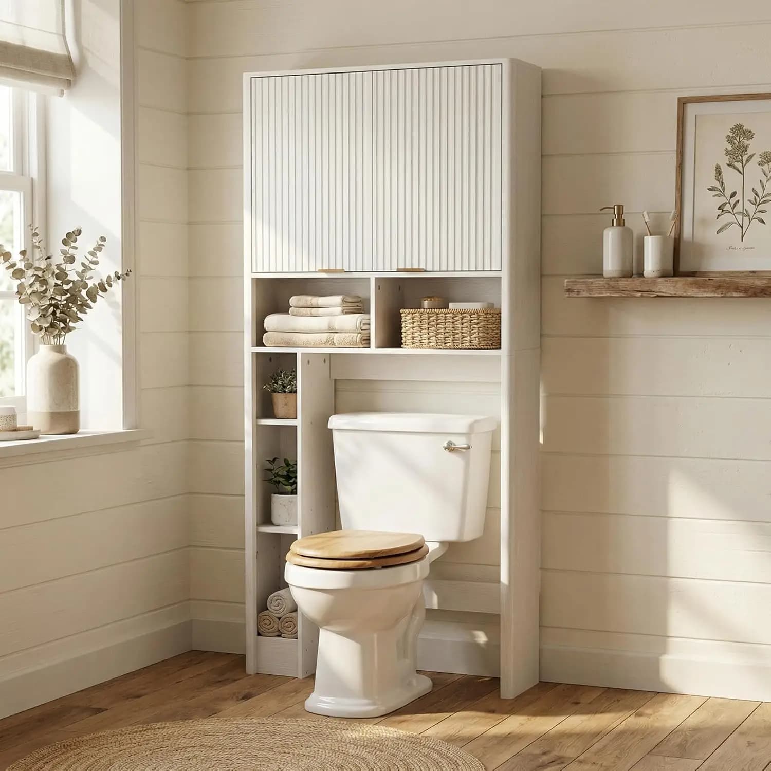 Mobiletto da Bagno da 31 Pollici (79 cm) con Anta Scanalata, Organizzatore Bianco per Bagno, Porta Carta Igienica Alto 67 Pollici (170 cm) per Spazi Ristretti