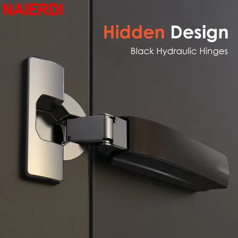 NAIERDI 2PCS Cerniere idrauliche nere Acciaio laminato a freddo Cerniera per porta dell'armadio Ammortizzatore Buffer Chiusura morbida Mobili per armadio da cucina