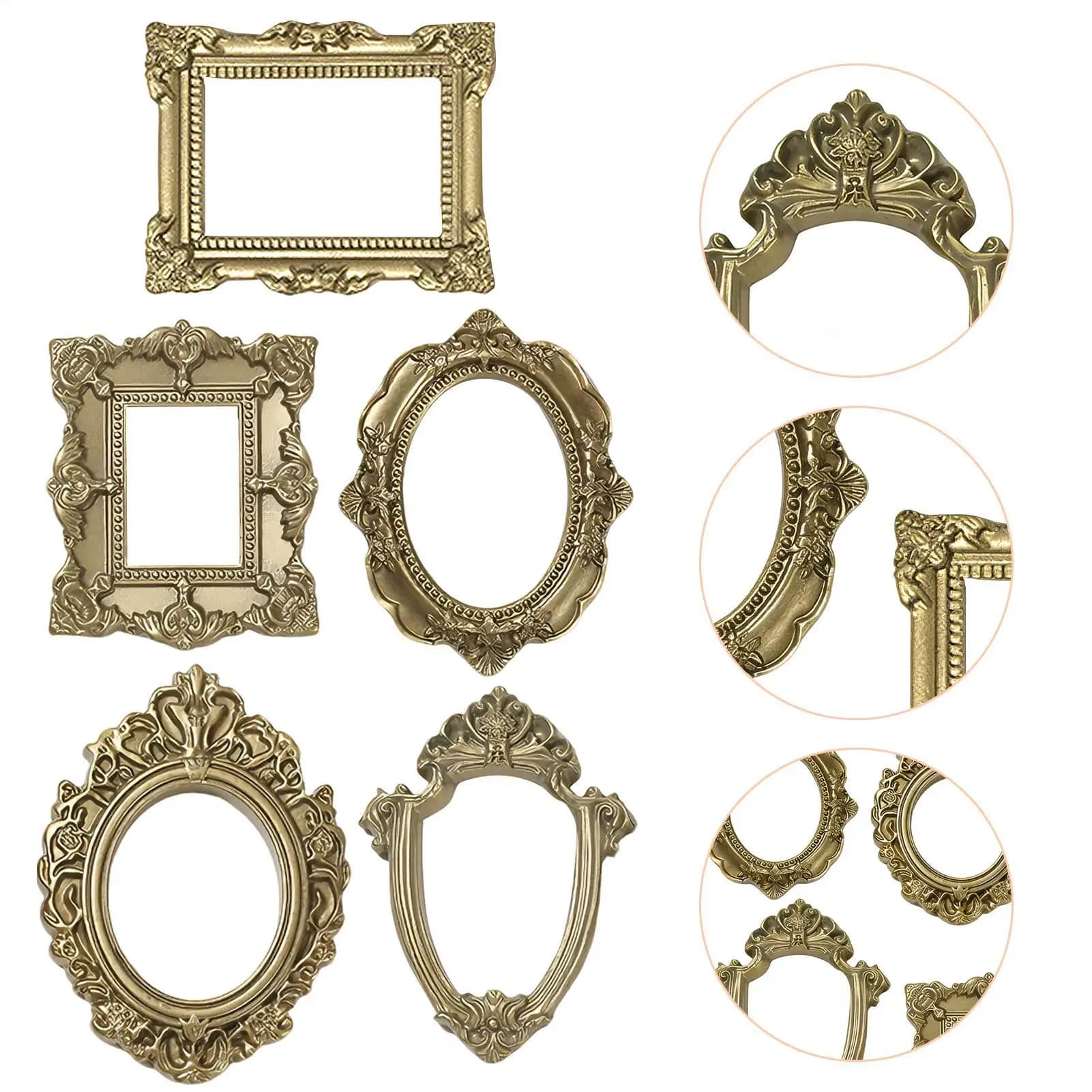 5pcs mini gold Dollhouse Frame Ornament Mini Albums Mini Picture Frame European Retro Picture Frame Exquisite Relief Props