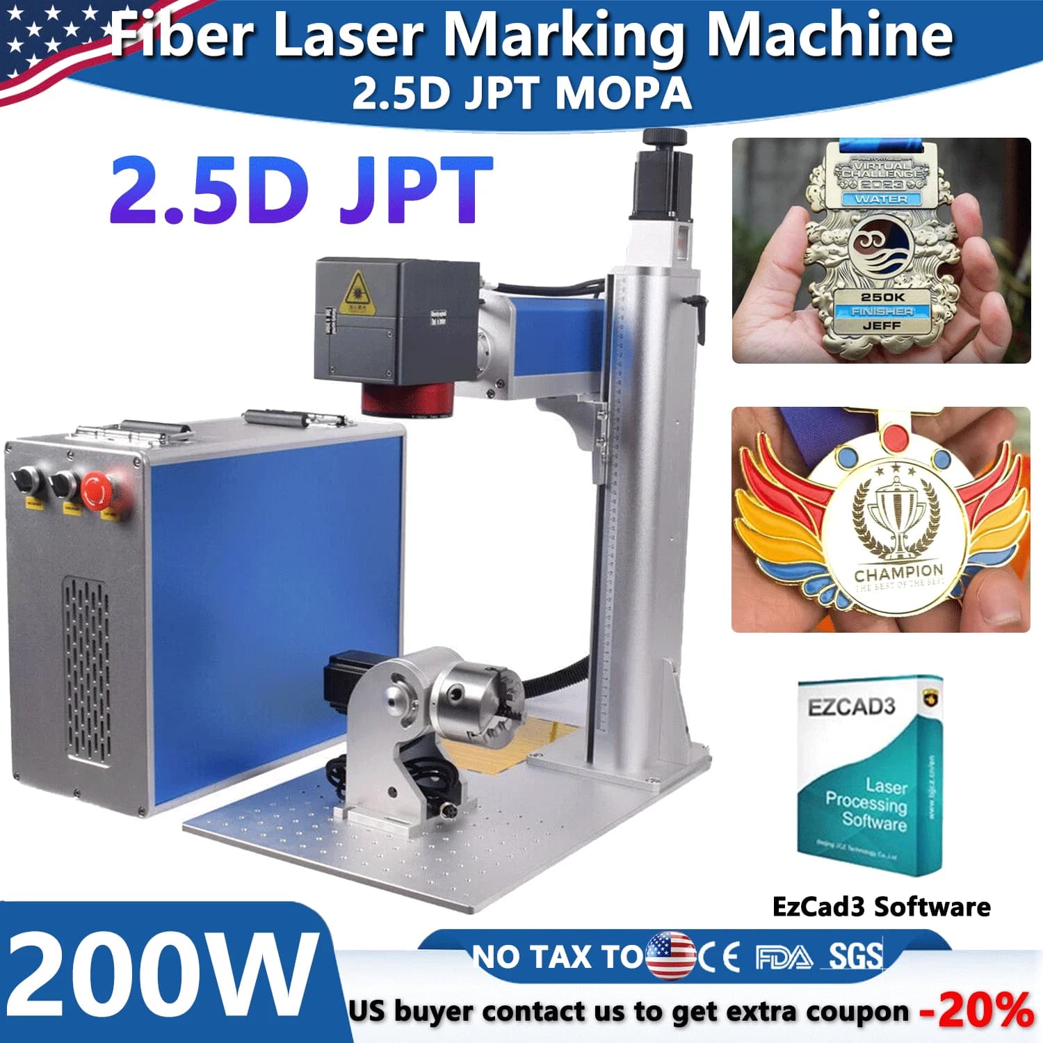 JPT Mopa 200W 2.5D Fiber Laser Cutting Machine, 3D Deep Groove Engraving for All Metals, Deep Fiber Laser Engraver, Available in USA Warehouse