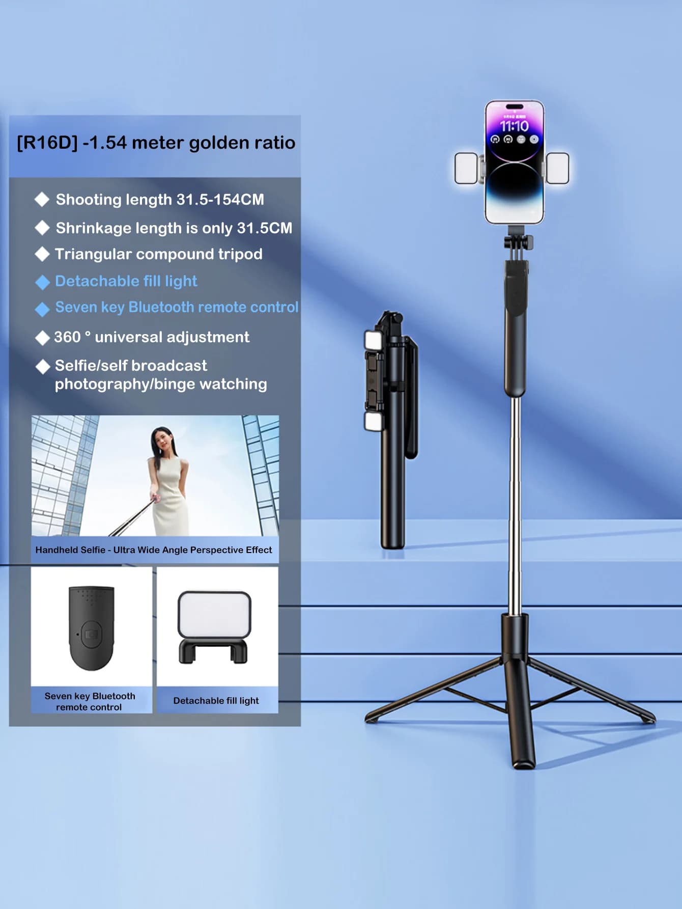 L'ultimo supporto per cellulare con selfie stick Bluetooth e telecomando in lega da 180 cm/70,8 pollici, adatto per riprese video e registrazione.