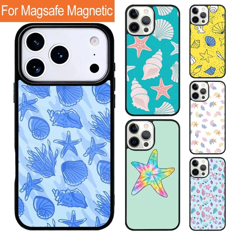 Custodia Magnetica Wireless con Motivo a Conchiglia Marina per iPhone 17 Pro 16 15 13 12 11 Pro Max Air 14 Plus con Cover Magsafe