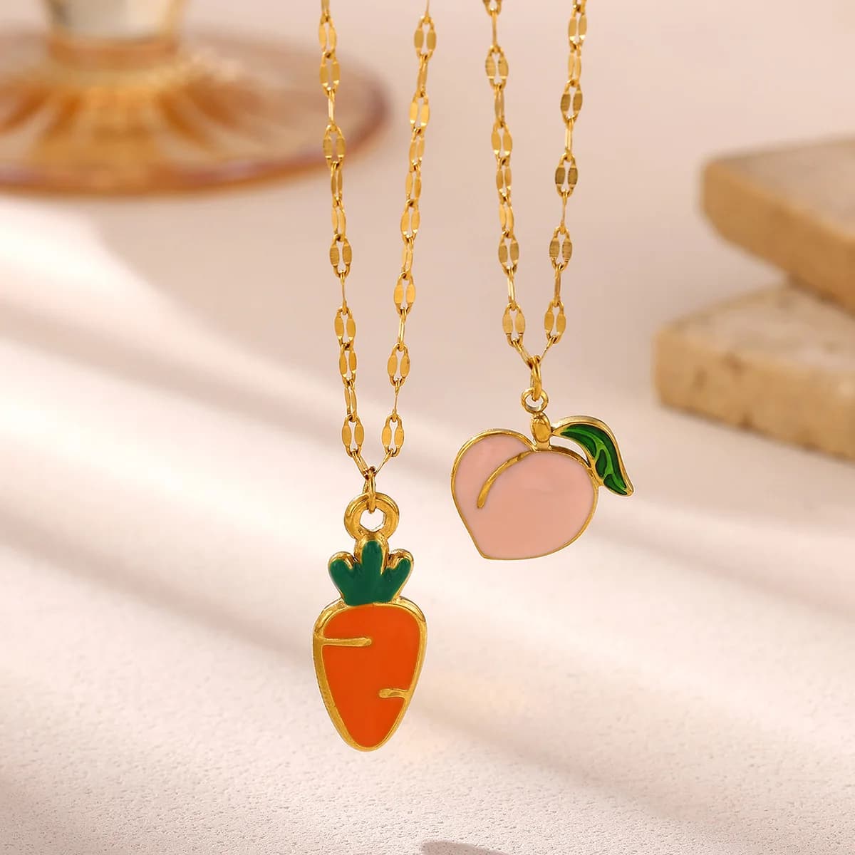Cute Enamel Carrot Peach Pendant Necklace Gold Color Stainless Steel Fruit Vegetable Charm New Friendship Jewelry Gift For Women