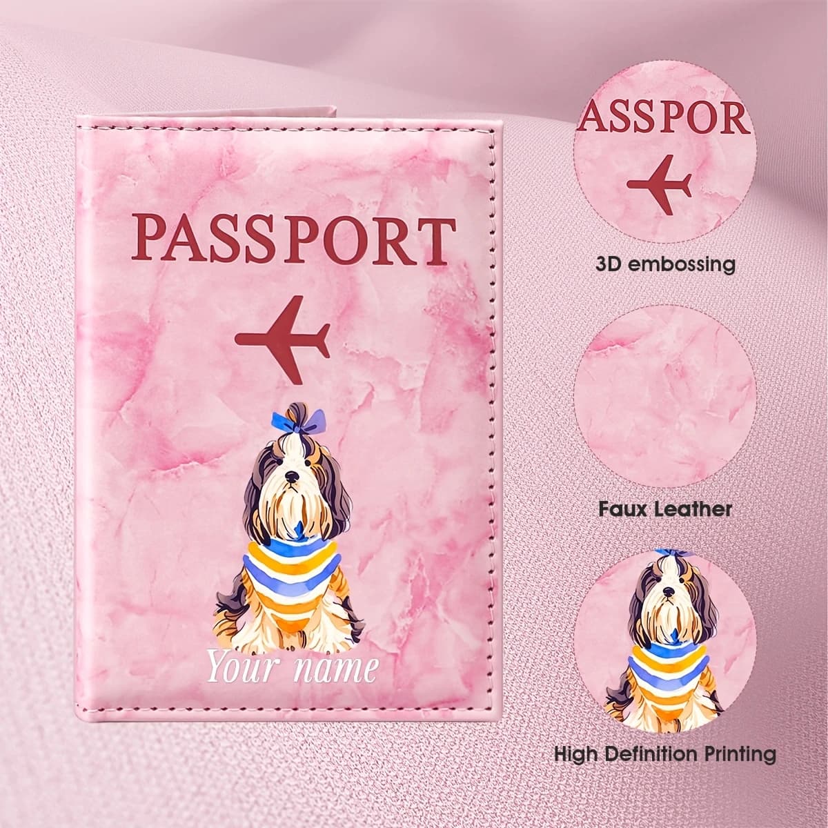 Custom Name Cute Cartoon Dog Illustration Design Passport Holder, Featuring an Adorable Pet Wearing a Bow Tie And Striped Shirt