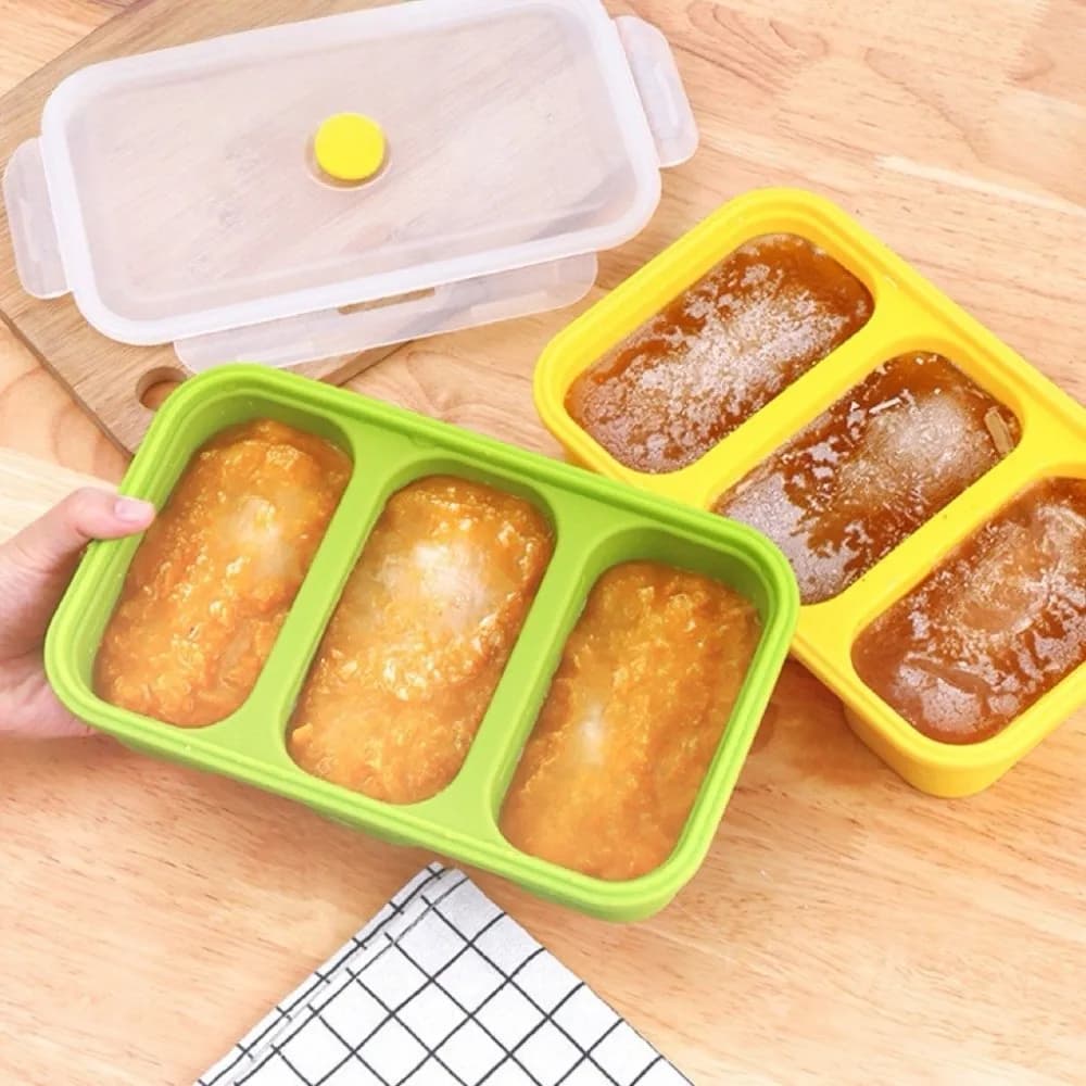 Vassoio per zuppa multiuso per congelatore da 750 ml Stampi per cubetti di ghiaccio per zuppa a 3 griglie in silicone con coperchio Stampi per pasti alimentari a rilascio facile Preparazione degli alimenti