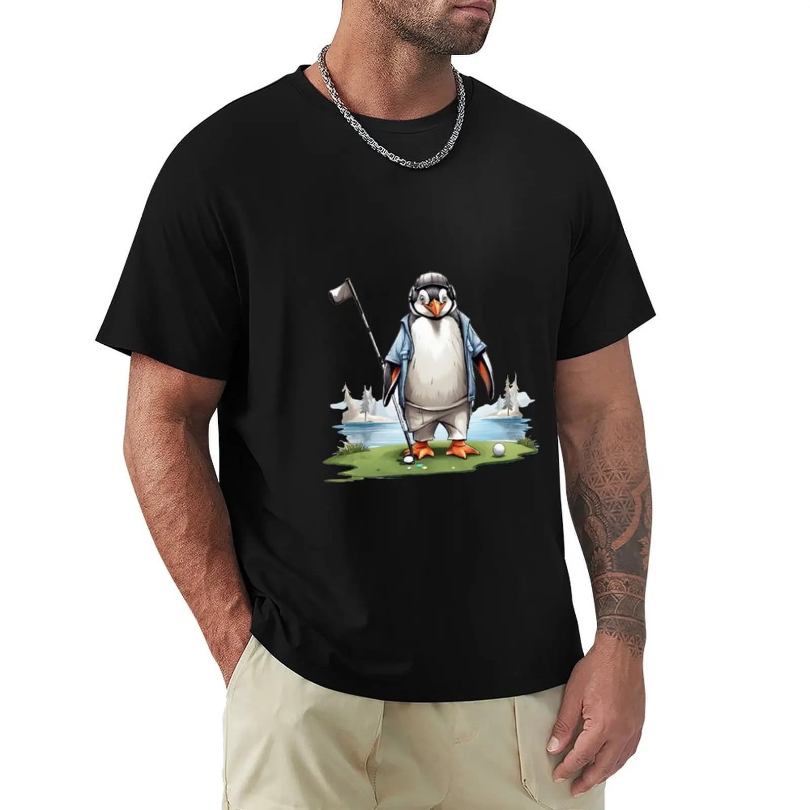T-shirt con stampa di un pinguino felice che gioca a golf, maglietta da lavoro industriale