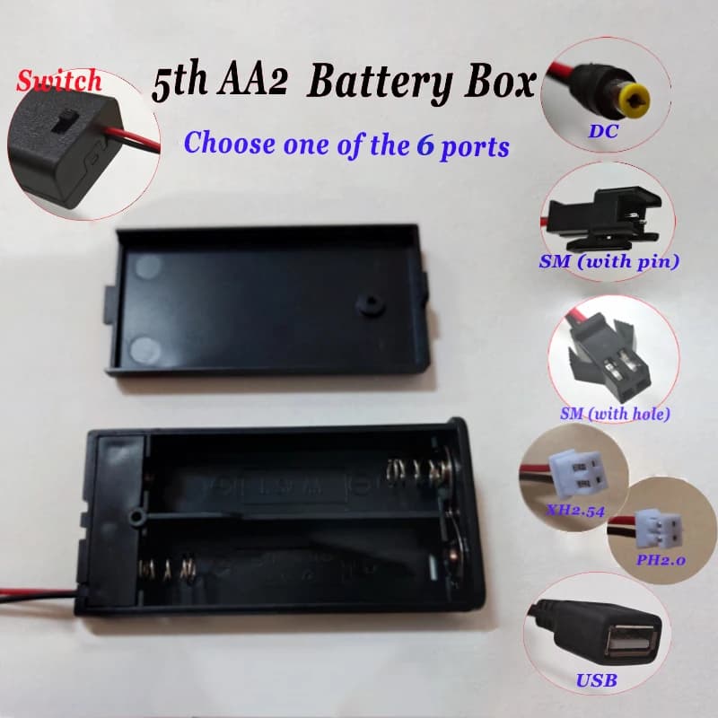 Scatola di immagazzinaggio batteria a 2 core con interruttore e coperchio per contenitore standard batteria AA con terminali PH2.0 XH2.54 SM DC USB